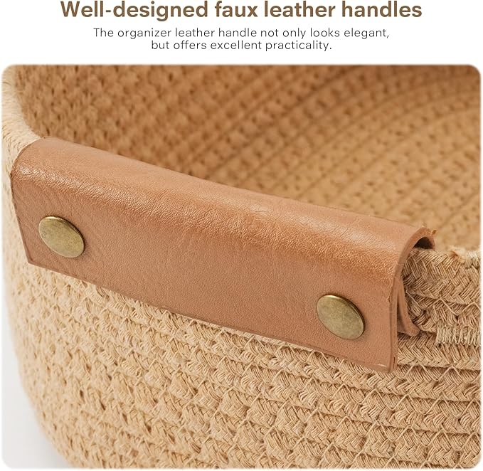 ECDYQXVU 5 Piece Storage Baskets Small Woven Basket with Detachable Leather Handle, Cotton Rope Shelf Baskets for Closet Organizers, Different Sizes Basket Decor, Jute Brown