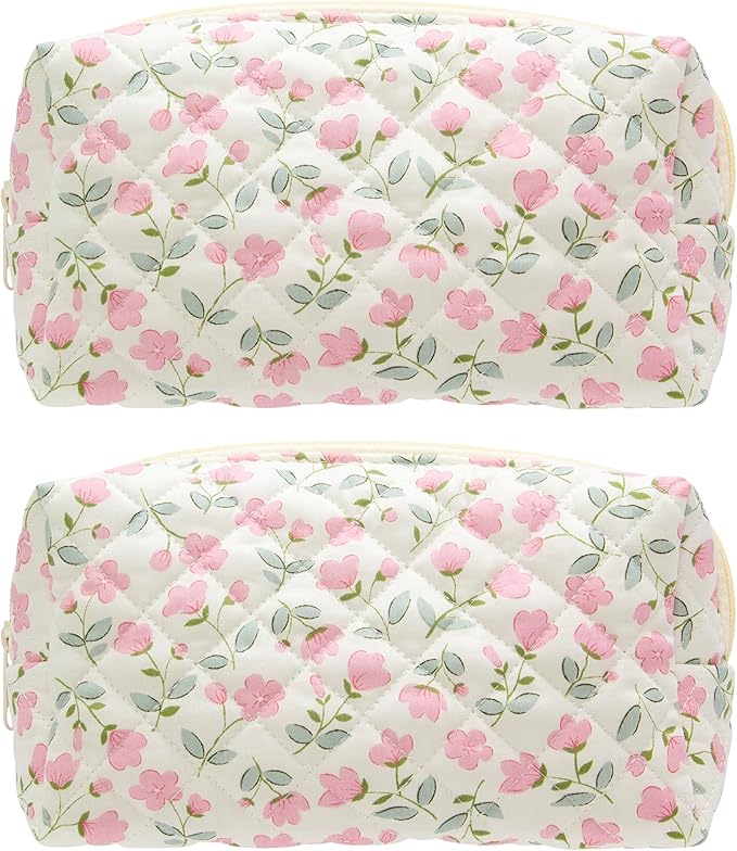 PAZIMIIK 2PCS SET Vintage Quilted Makeup Bag Cosmetic Pouch for Brushes Pencils and Travel Make Up Accessories for Women and Girls Flower White