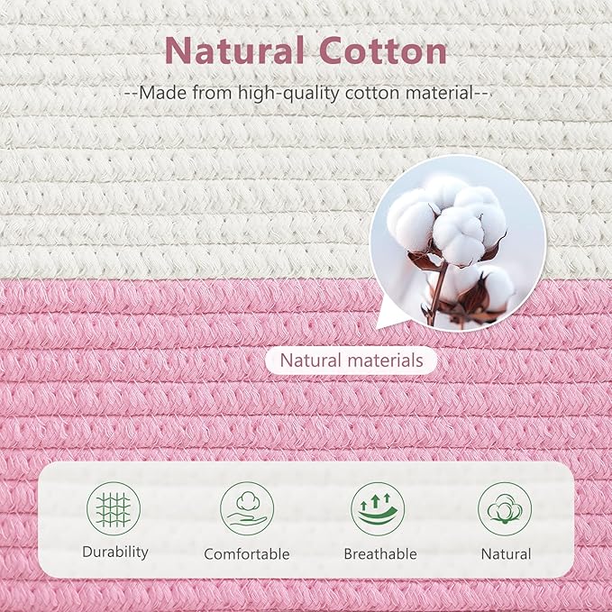ECDYQXVU Cotton Rope Shelf Storage Basket, 15x10x9 in, Shelf Storage Baskets for Clothes, Towels, Books, Laundry (White/Pink, 1 Pack)