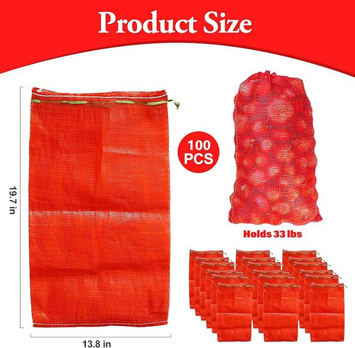 100 Pack 20'' x 14'' Mesh Onion Bags, Reusable Drawstring Fresh Produce Storage Bags for Onions, Vegetables, Potatoes, Citrus, Crawfish Firewood