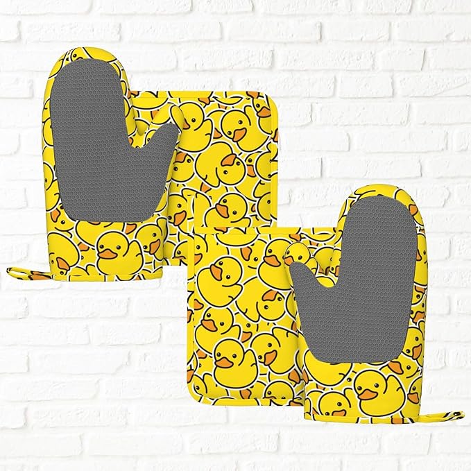 Cute Duck Kawaii Cartoon Oven Mitts And Pot Holders Set Of 4 Silicone Heat Resistant Oven Mitten Potholders Non Slip Gloves Kitchen Decor For Bbq Cooking Grilling Baking