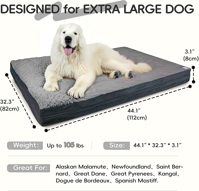 Sytopia Indestructible 44" Dog Bed for Large Dogs – Waterproof, Washable, Removable Cover, Thick Orthopedic Support, Durable Multi- Size Comfort Clearance Indoor Flat Dog Bed, Dark Grey