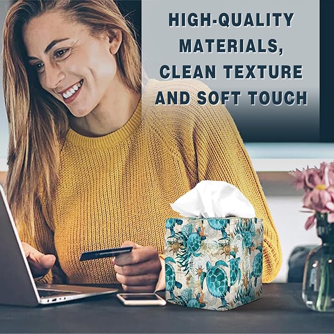 Tissue Box Cover Square Decorative Tissue Box Holder Cute Funny Cube Tissue Case Cover-Sea Turtle Tissue Box Cover