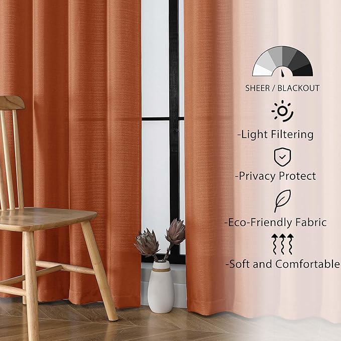 Lecloud Bessie Orange Curtains 54 Inch Length 2 Panels Set, Light Filtering Curtains Faux Linen Textured Drapes for Bedroom Living Room, Soft Airy Rod Pocket Window Treatments, Each 30 W x 54 L