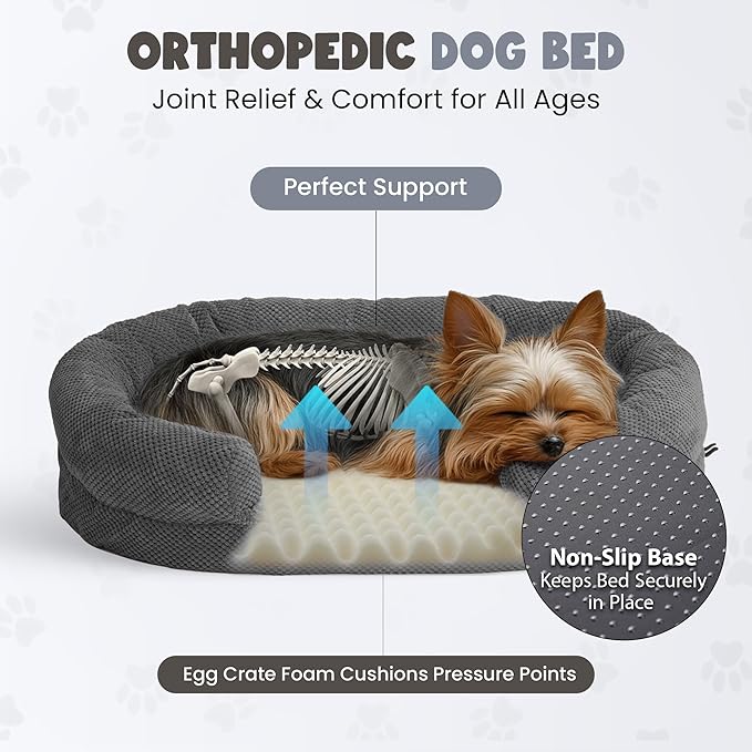 Miorun Soft Donut Dog Bed for Small Dogs, 28" Orthopedic Comfort Pet Sofa Couch with Egg Crate Foam, Washable Cover & Non-Slip Bottom, Cozy Cat Couch with Bolstered Sides, Grey (28")