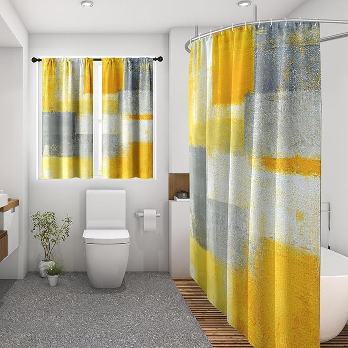 Culudea Grey Yellow Painting Shower Curtain Set, Gray Contemporary Abstract Bathroom Window Waterproof Shower Curtain Set for Bathroom Decor
