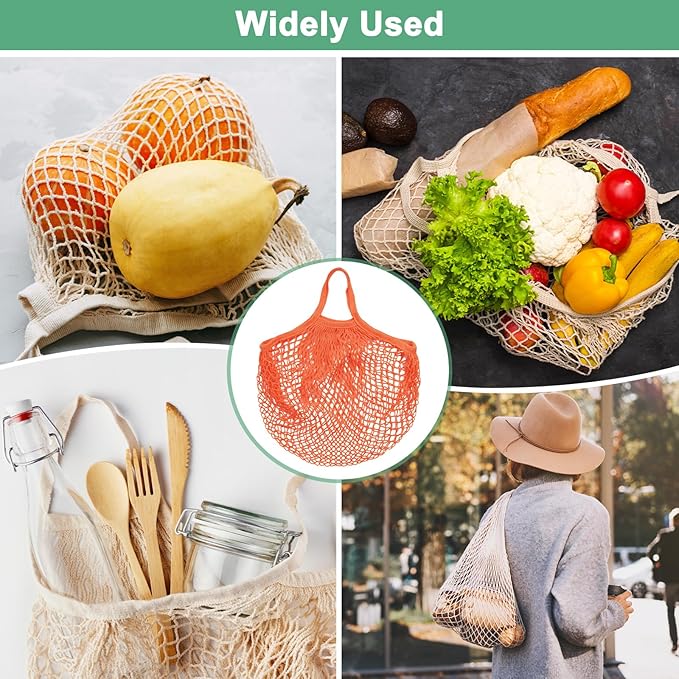 M METERXITY 2-Pack Cotton Mesh Bag, Reusable Washable Mesh Net String Grocery Bags, Reusable Produce Bags with Handle, Net Tote Bag for Fruits/Vegetables Shopping [Orange, Long&Short Handle]