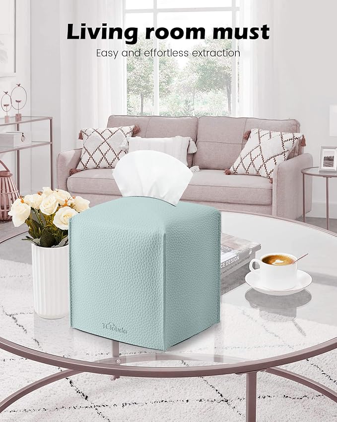 Tclouda Tissue Box Cover for PU Leather, Modern Simple Solid Color Holder Square Tissue Bag, Ideal for Bathrooms,Office,Car,Outdoor Tent,Dining Table,5"X5"X5", Single Sky Blue