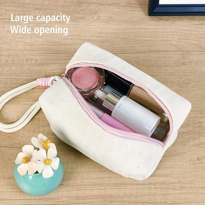 STARDW Portable Striped Makeup Bag with Wrist Strap,Toiletry Bag for Women, Small Cosmetic Bag for Purse, Cute Zipper Makeup Pouch, Purse Organizer Pouches