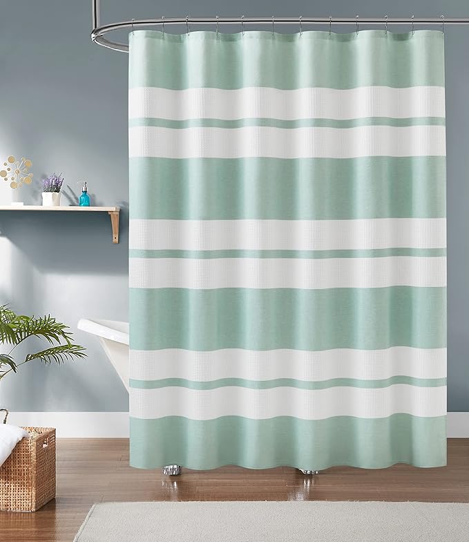 Warm Home Designs White Waffle Shower Curtain with Green Fabric Stripes. Each Waffle Weave Shower Curtain Measures 70 x 72 Inches. Striped White & Mint Green Shower Curtains for Bathroom. W Mint 72"