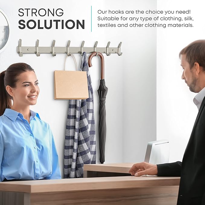 SAYONEYES Coat Rack Wall Mount – Brushed Nickel 24 Inch Stainless Steel Hook Rail with 8 Heavy Duty Double Coat Hooks – Wall Mounted Coat Hanger for Entryway, Bathroom, Bedroom, Towel, Hat Organizer