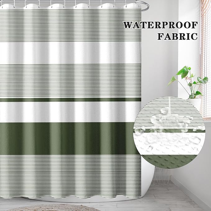 Culudea Striped Modern Boho Waffle Textured Cloth Shower Curtain Set, Sage Green White Horizontal Stripe Bathroom Window Waterproof Shower Curtains for Bathroom Decor
