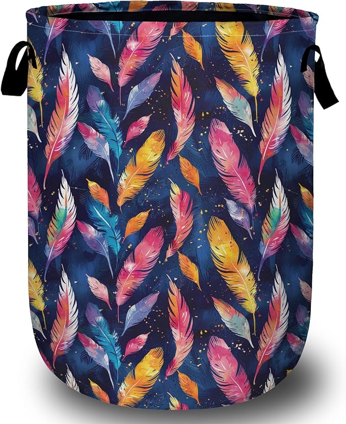 Colorful Feather Laundry Basket with Sturdy Handles, Collapsible Oxford Cloth Laundry Hamper Organizer Basket for Bathroom Bedroom 15.7x20 Inch