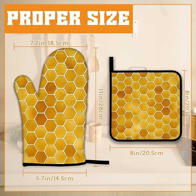 Honeycomb Oven Mitts and Pot Holders Set,Bee Kitchen Decor Heat Resistant Non Slip Hot Pads and Oven Mitt for Chef Cooking Baking BBQ Mom Girl Gifts(4 Piece Set)