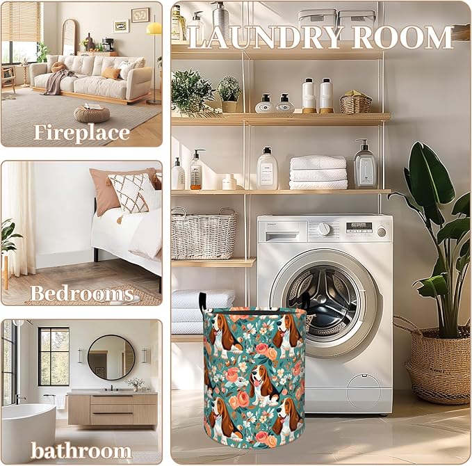 ainori Basset Hound Dog Floral Laundry Basket, Oxford Cloth Playful Dirty Clothes Collapsible Hamper for Room Decor, Puppy and Flower Print Gifts Toy Organizer 19.7*15.8 Inch for Bedroom Bathroom Dorm