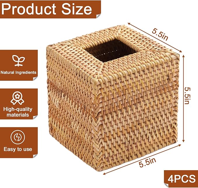 4 Pack Rattan Tissue Box Cover Square, Hand Woven Wicker Tissue Holder, Tissue Box Holder, Wicker Tissue Box Cover, 5.5 x 5.5 X 5.5 inch, Natural