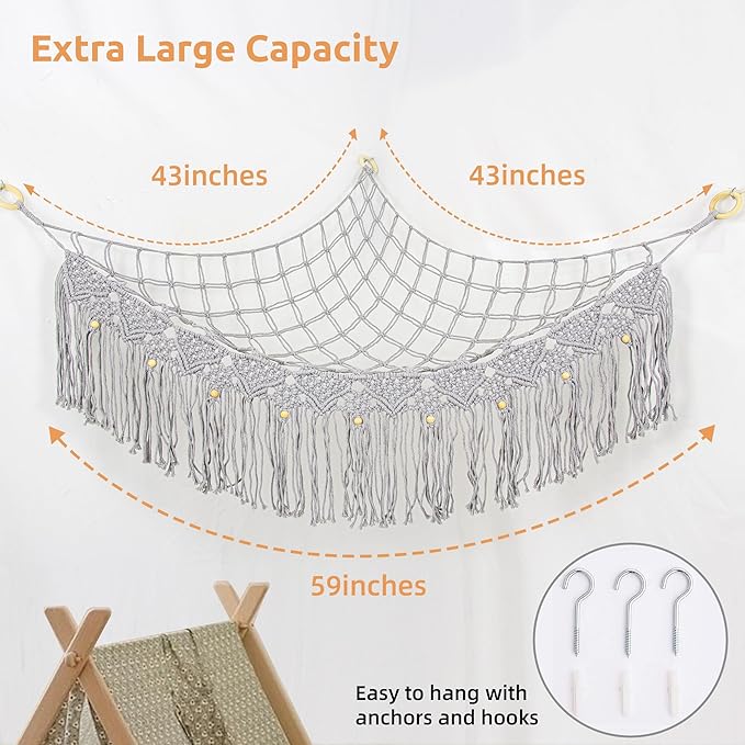 Large Stuffed Animal Hammock, Stuffed Animal Storage Toy Hammock Net for Stuffed Animals Corner, Plushie Net Hammock Toy Organizer for Boho Playroom Baby Nursery Decor