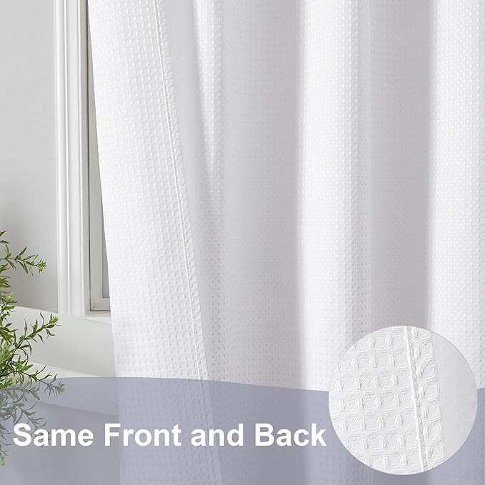 OWENIE White Waffle Weave Fabric Shower Curtain, Textured Heavy Cloth Shower Curtains for Bathroom, Water Repellent Soft Hotel Spa Luxury Elegant Bath Curtain, Machine Washable, White, 72x78 Inch