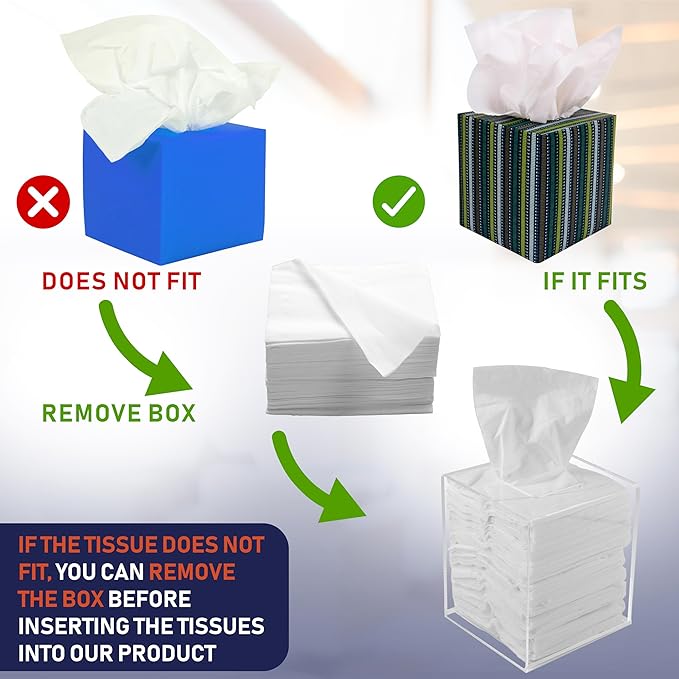Acrylic Tissue Box Holder, Square Dispenser for Facial Tissues, Napkins, and Dryer Sheets. Perfect for Bathrooms, Desks, Countertops, Vanities, Bedrooms, and Nightstands (Square, Clear)