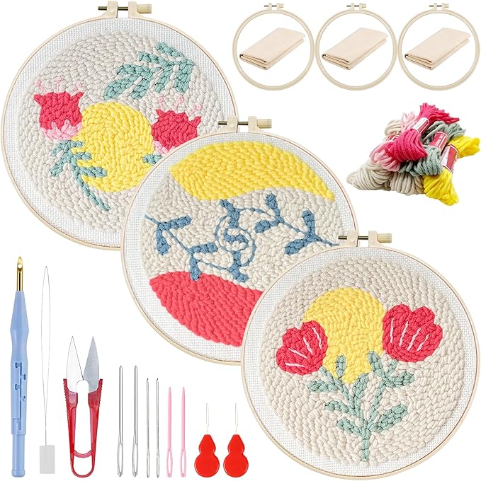 Woohome Punch Needle Kit Included Plastic Hoops, Punch Needle Cloth, Color Yarn and Punch Needle Tools for Adults, Beginners (Pink Flower and Leaves)