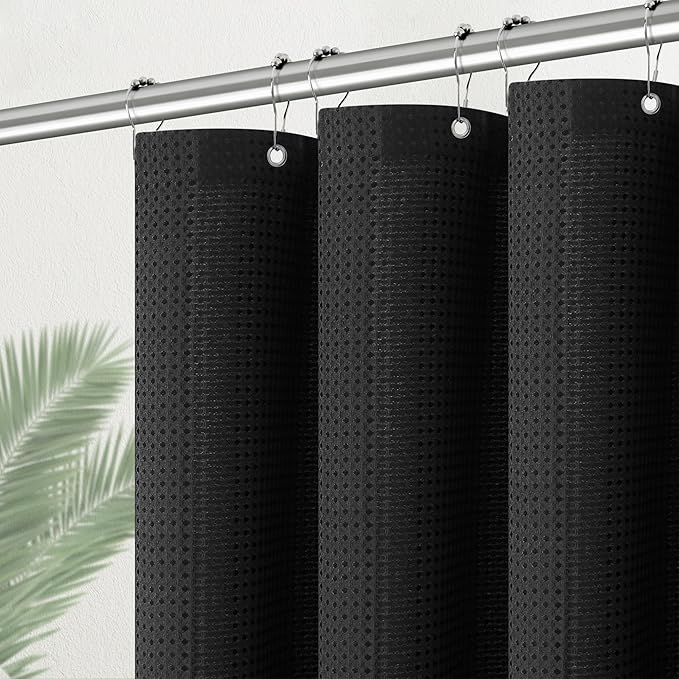 PANGSINNE Black Stall Fabric Shower Curtain - Water Repellent Waffle Textured 256GSM Heavy Duty Cloth Shower Curtains for Bath Tubs, Narrow Size Hotel Quality with 6 Hooks, 36Wx72H