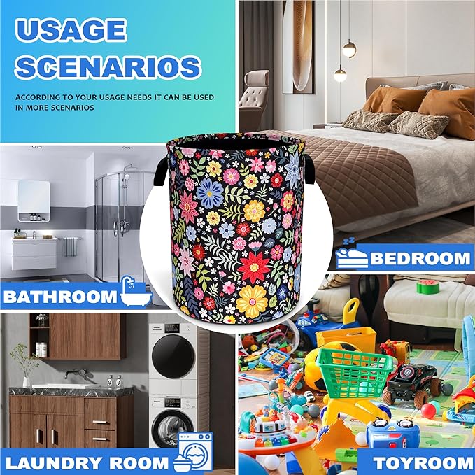 Colorful Folk Flowers Laundry Basket Oxford Cloth Floral Laundry Hamper With Handle Foldable Portable Clothes Storage Basket 18.9 X 16.5 In Storage Bag For Laundry Room/Bathroom/Bedroom/Dormitories