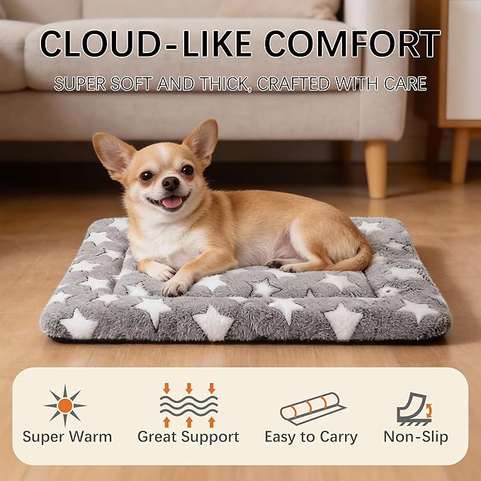 Fogkiss Dog Bed Mat, Reversible Crate Pad & Cute Dog Bed - Machine Washable Kennel Mat with Ultra Soft for Small Dogs (Cool/Warm), 24" x 18", Grey&Star