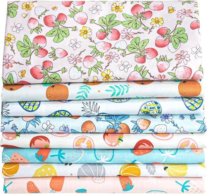 Aubliss 8pcs Fat Quarter Fabric Bundles (100% Cotton - 20'' x 20'') Quilting Cotton Craft Fabric Pre-Cut Squares Sheets for Patchwork Sewing Quilting Crafting (Fruit)