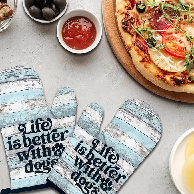 2 Pack Funny Dog Lover Oven Mitts, Life is Better with Dogs, Heat Resistant Baking Mitts, Kitchen Decor Gifts for Dad Mom, Sweet Housewarming Gifts for Hostess Housewife Sister Friend Baker
