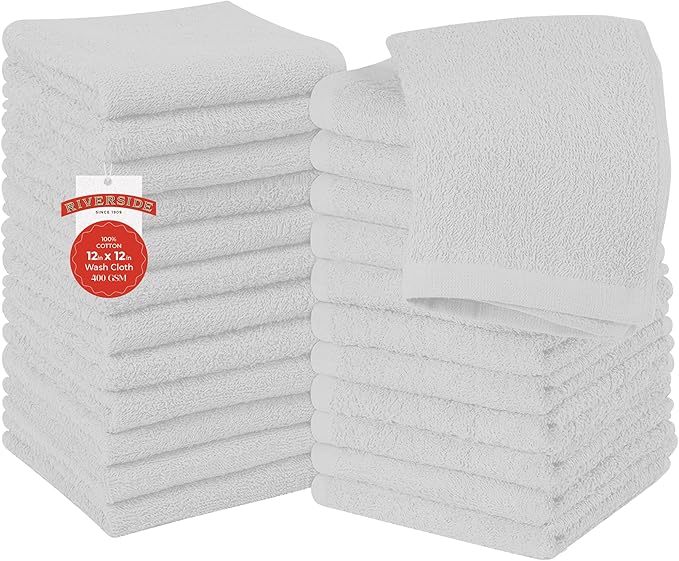 RIVERSIDE 24 Pack Washcloths Set - 100% Cotton [12x12 Inches] - 500 GSM, Soft, Quick-Dry & Highly Absorbent Face Towels - Perfect for Bathroom, Gym, Hotel, Spa & Travel - White