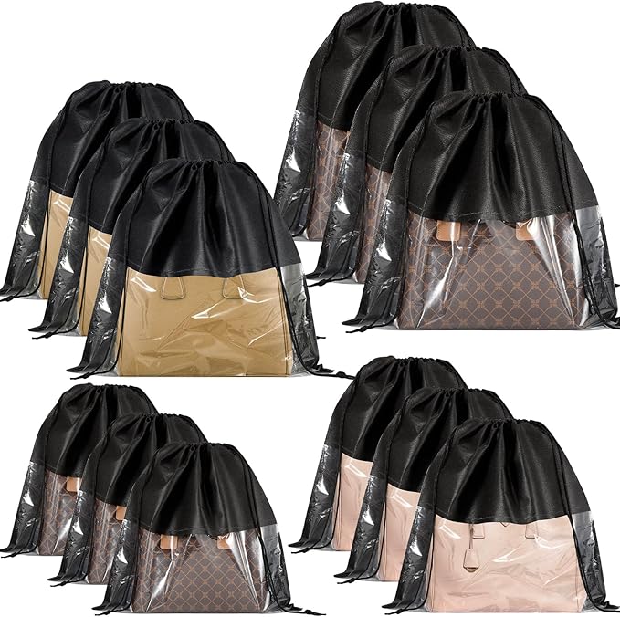 Bgtecho 12 Pcs Shoe Bags for Travel, Dust Bags for Handbags, Dustproof Drawstring Bags in 4 Size, Breathable Non Woven Fabric Storage Bag for Handbags Shoes Purses, Black