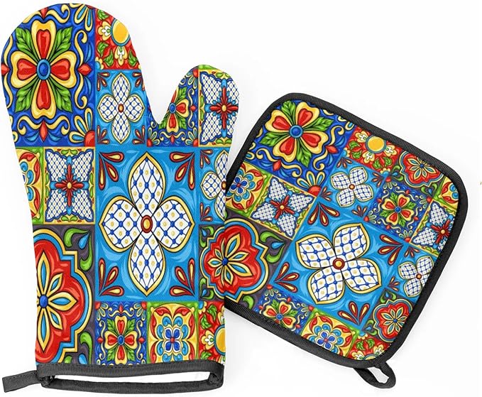 Oven Mitts and Pot Holders Sets of 2,Mexican Talavera Flower Heat Resistant Kitchen Oven Gloves Potholder for Baking Grilling BBQ Cooking
