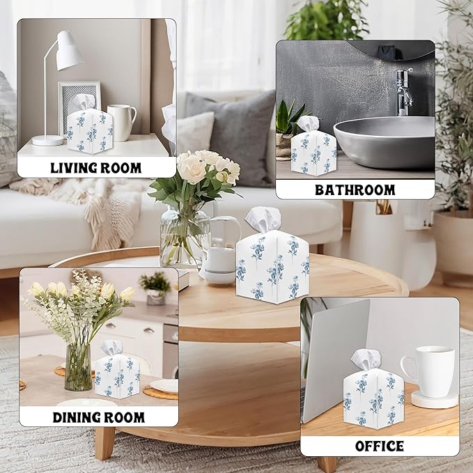 Blue Flowers Square Tissue Box Holder Cover, Floral Tissue Cube Box Organizer for Bathroom, Living Room, Office, Countertop, Car, Night Stands, Modern Home Desk Tabletop Decor - A07