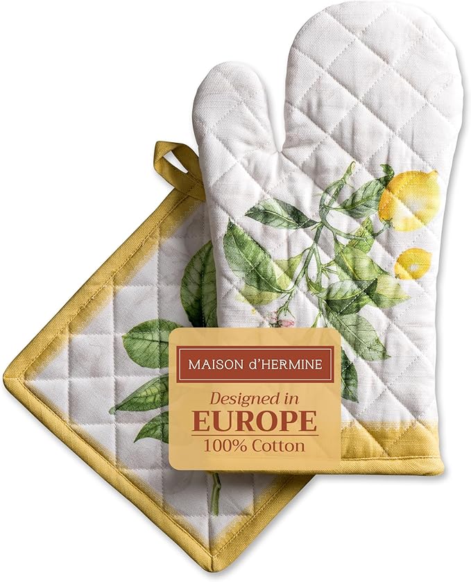 Maison d' Hermine 100% Cotton Oven Mitt & Pot Holder Set (7.5"x13" & 8"x8") Heat Resistant BBQ Cooking Gloves with Loop, Baking, Grilling, Kitchen, Handling Hot Pans Spring/Summer (Limoncello)