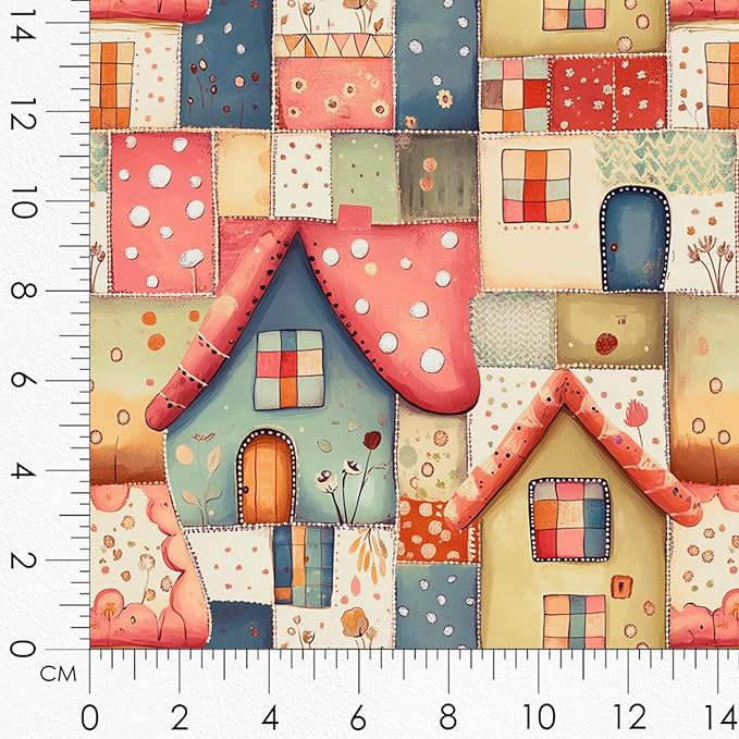 Patchwork Fairy Cottage Cotton Fabric Panel – 6 Designs (10×10 inch Each) + Bonus Sheet 29.5×19.6 inch, 100% Cotton 140 GSM, Made in Türkiye