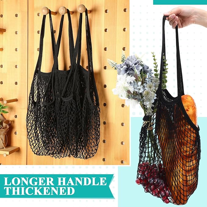 Shappy 16 Pcs Reusable Grocery Bags Mesh Produce Bags Washable Cotton Mesh Tote with Handles for Fruit Vegetable Shopping Storage Market(Black)