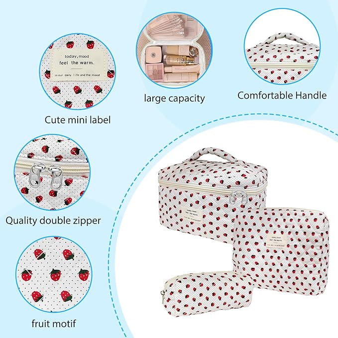 Cozomga Quilted Makeup Bag, Large Capacity Travel Cosmetic Bag for Women and Girls, Aesthetic Storage for Daily and Travel Use (3pcs-Wildstrawberry)