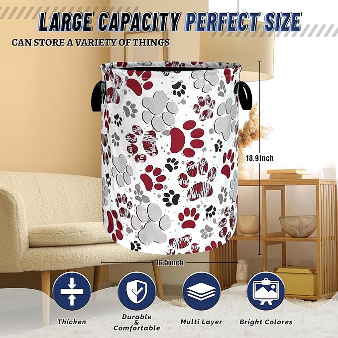 Pink Dog Paw Print Laundry Basket Oxford Cloth Animal Dogs Laundry Hamper With Handle Portable Clothes Storage Basket Foldable Funny Laundry Bag 18.9"x16.5" For Laundry Room/Bedroom/Bathrooms