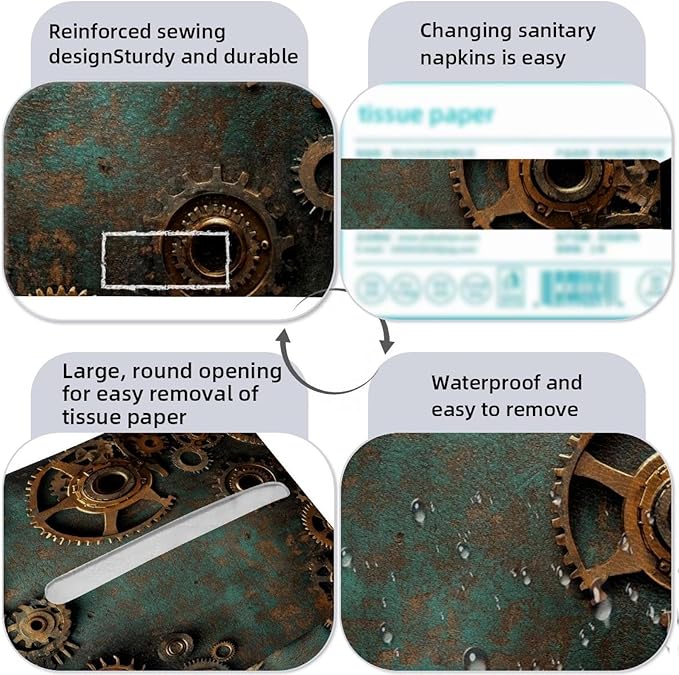 Set of 2 Tissue Box Cover, Steampunk Gears Background (1) Tissue Box Holder, Facial Napkin Dispenser for Bathroom Kitchen Bedroom Office Hotel