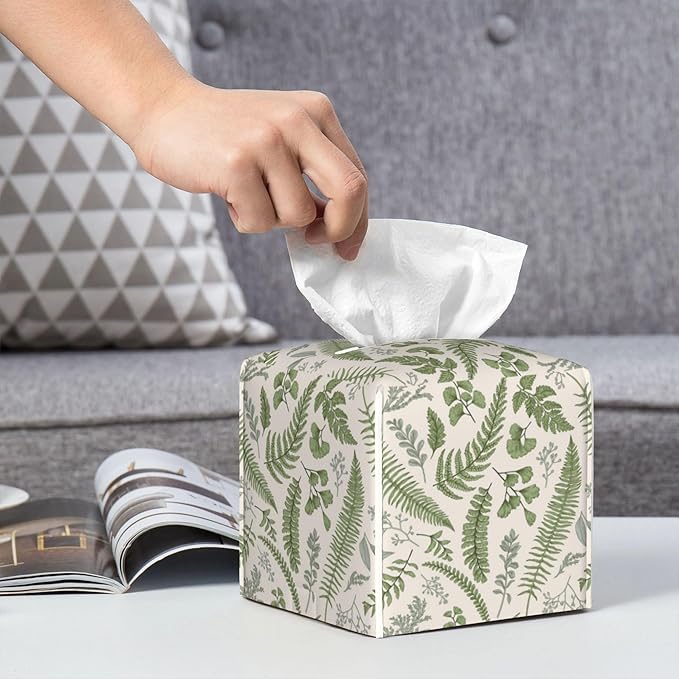 POIUBLE Tissue Box Holder Leaves and Herbs Tissue Box Cover Square Leather Tissue Holder Organizer Portable Decorative Facial Paper Case for Home Office Bathroom Vanity Countertop