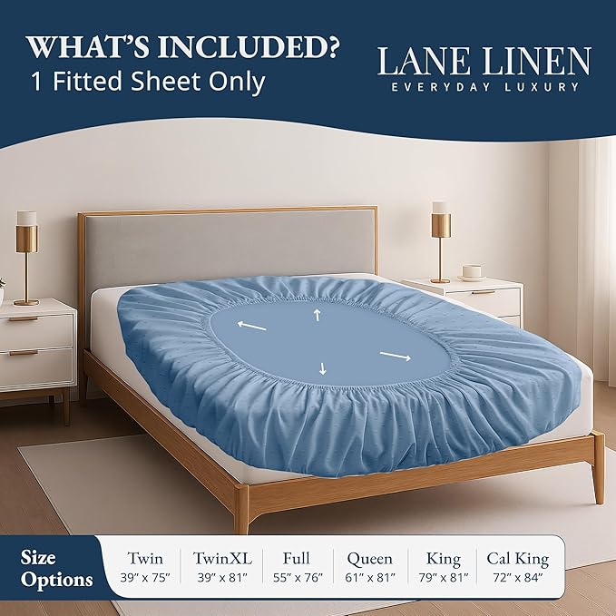 Lane Linen 100% Egyptian Cotton Full Size Fitted Sheet Only (55"x76" + 16") - Elegant Sateen Weave, Ultra Soft, Breathable, Highly Durable, Deep Pockets Upto 17" - Swiss Dot French Blue