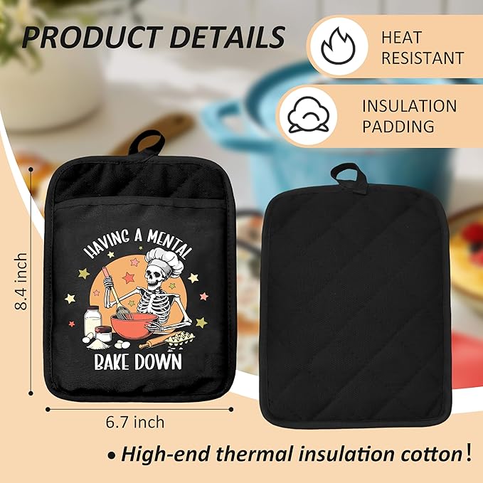 Funny Gothic Skeleton Oven Mitts Set, Funny Baking Gifts for Women, Having a Mental Bake Down Goth Heat Resistant Kitchen Oven Gloves for Baking and Cooking,Pot Holders