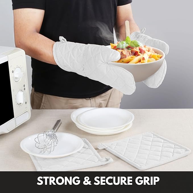 Oven Mitt (7"x13") & Pot Holder (8"x8") 100% Cotton Set of Heat Resistant Oven Gloves & Hot Pads for Gifts, BBQ, Cooking, Baking, Thanksgiving - White