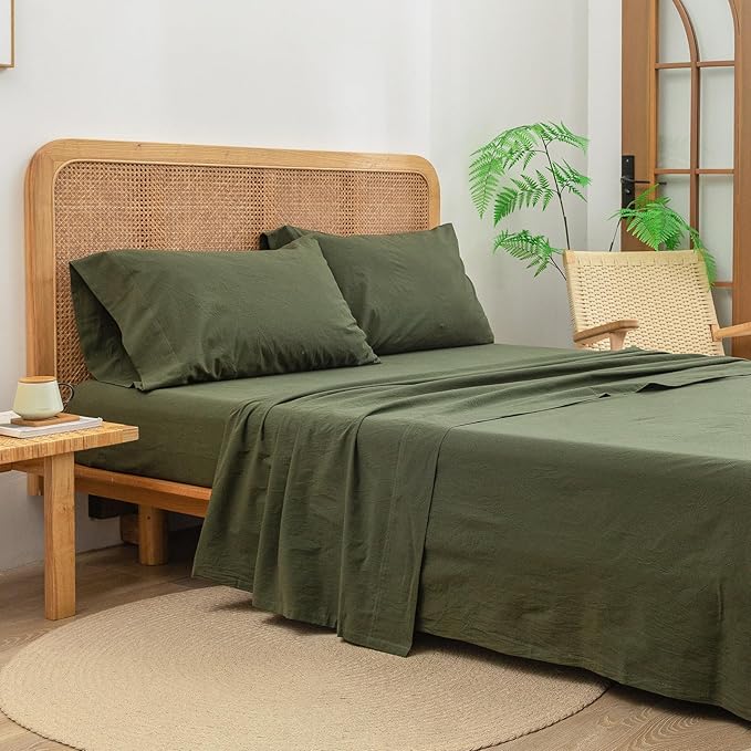 BESTOUCH Sheet Set 100% Washed Cotton Linen Feel Super Soft Comfortable Chic Lightweight 4 Pcs Home Bedding Set Solid Olive Green Queen