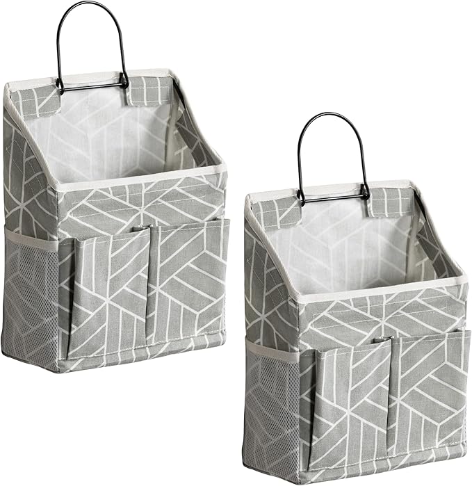 HZZTY BRNY 2pcs Wall Hanging Storage Bag, Small Door Closet Linen Fabric Pockets Organizer, Waterproof Multi Functional for Living Room Bedroom Bathroom Kitchen RV Camper with Hooks Pattern Grey