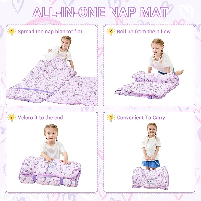 Lasoftan Toddler Nap Mat with Pillow and Blanket, Extra Large Rolled Napping Mats,Slumber Bags for Boys Girls,Kids Sleeping Bag for Daycare, Preschool Travel Camping