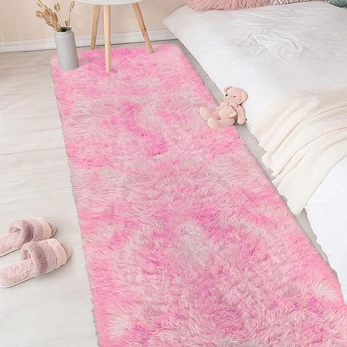 2x8 Pink Fuzzy Rug Runner for Bedroom Girls, Pink Shag Rug for Girls Room Bedside Living Room Hallway Plush Fuffy Carpet Runner for Kids Room Nursery Home