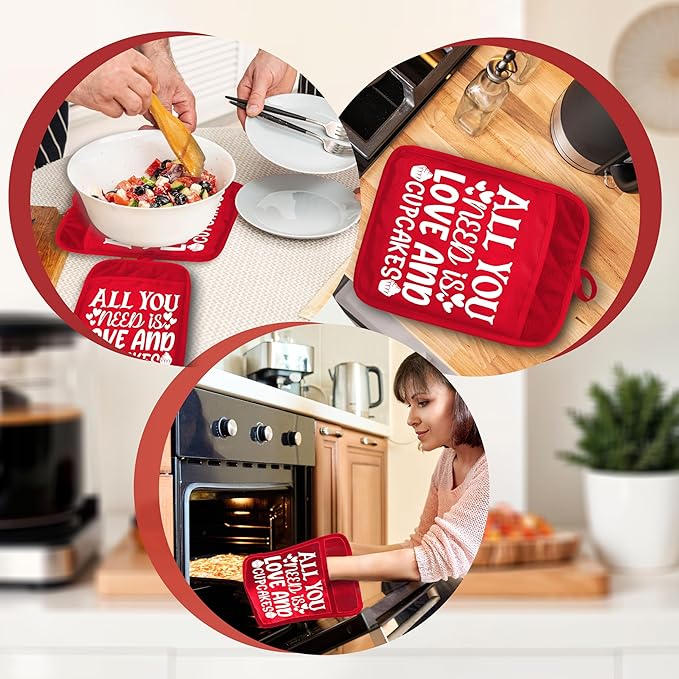 Red Christmas Pot Holders with Pockets, All You Need is Love and Cupcakes Christmas Holiday Oven Pot Holders Heat Resistant Oven Mitts Hot Pads for Kitchen Baking Cooking