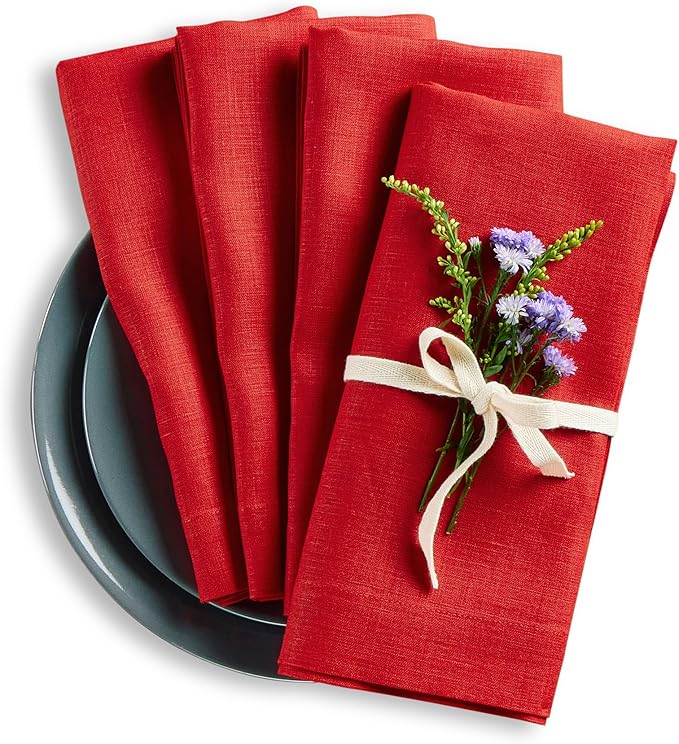 Solino Home Red Linen Napkins Set of 4-100% Pure Linen Cloth Washable Dinner Napkins 20 x 20 Inch for Valentines, Winter - Fete
