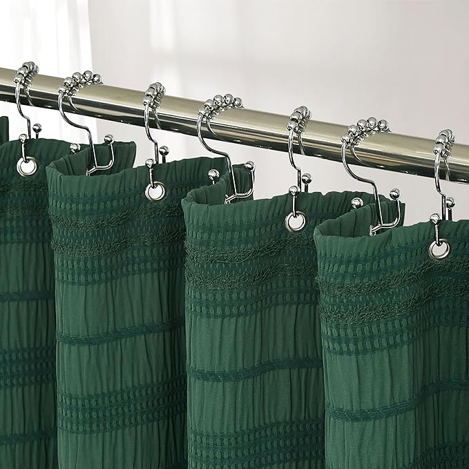 Siiluminisoy Dark Green Boho Shower Curtain, 72 x72 Cotton Blend Tufted Fabric Waffle Textured Farmhouse Shabby Chic Rustic Minimalist Striped for Bathroom, Hotel
